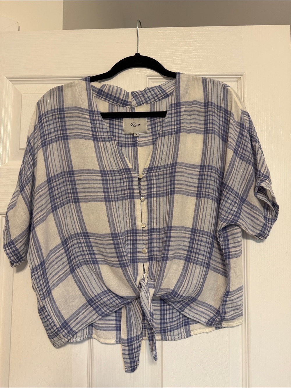 Rails White and Blue Plaid Button-Front Tie Hem Top